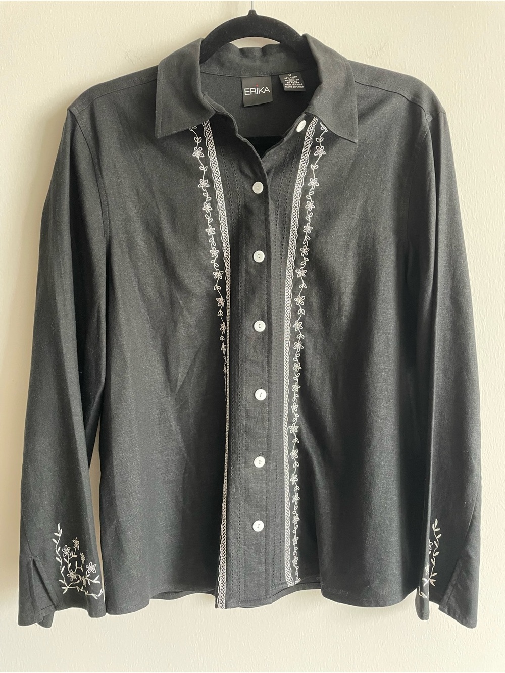 Vintage Erika linen blend blouse black guayabera tropical summer lightweight M
